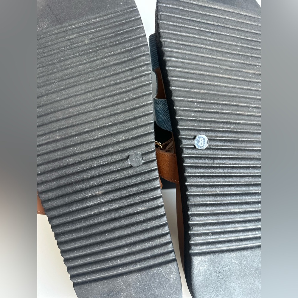Steve Madden Brown Leather and Light Blue Denim Slide Sandals - Picture 5 of 5